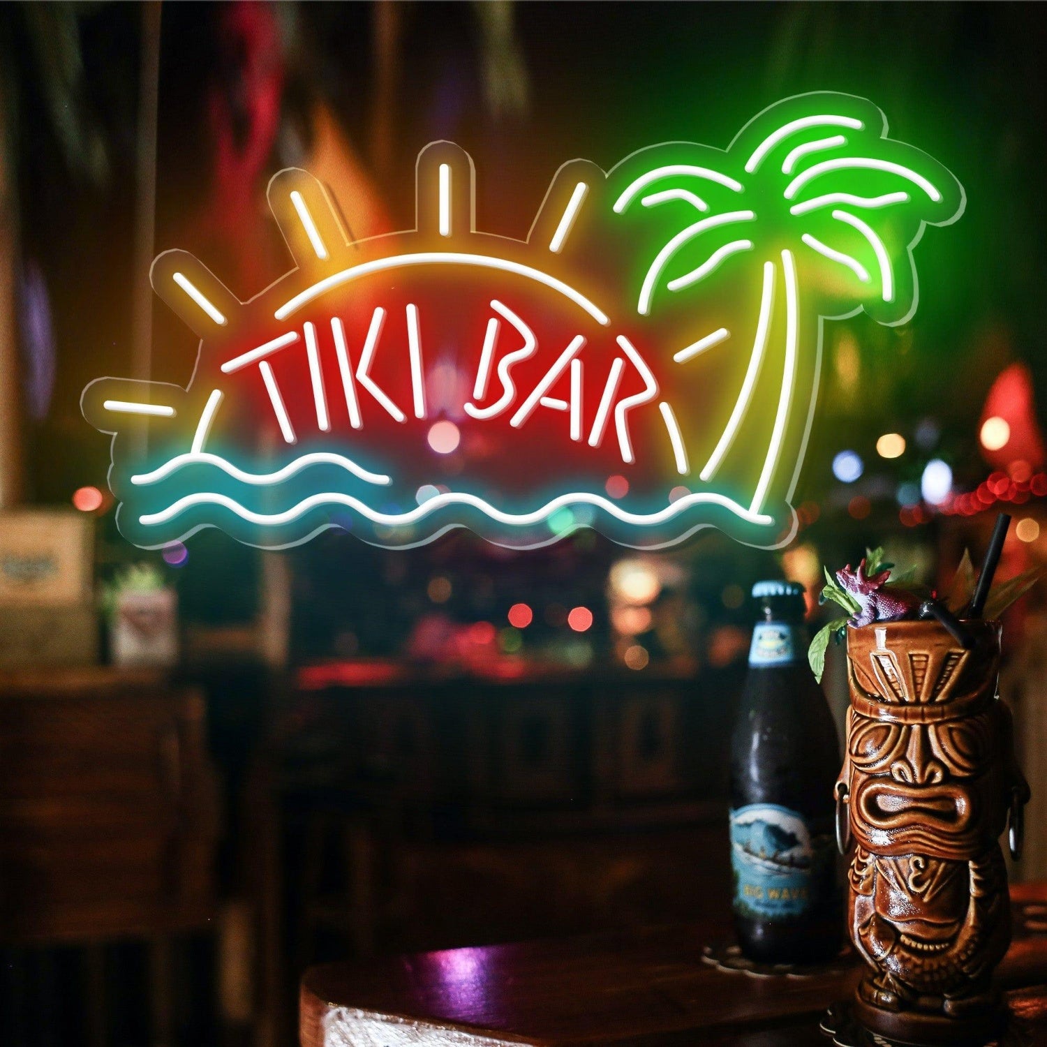 Tiki Bar Tropical Beach Led Neon Sign With Sun Palm Waves For Bars Restaurants | Shineneon