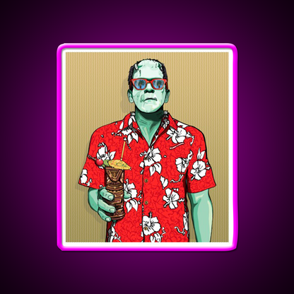 Tiki Frankenstein With Thatch Cocktail Bar Decor Led Neon Sign Rgb Color - Neon sign mounted on wall in room