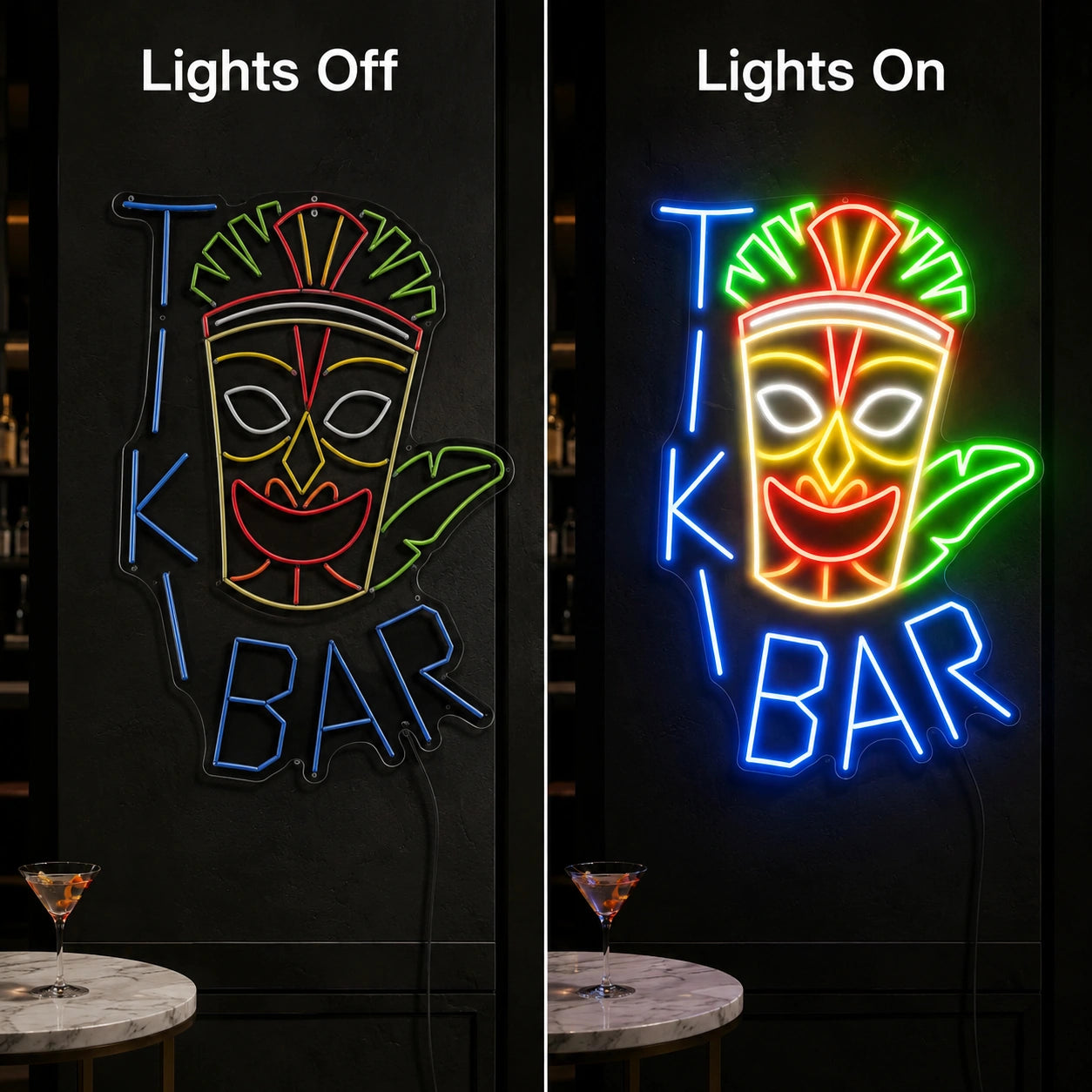 Tiki Mask Bar Neon Sign LED Neon Sign day and night comparison