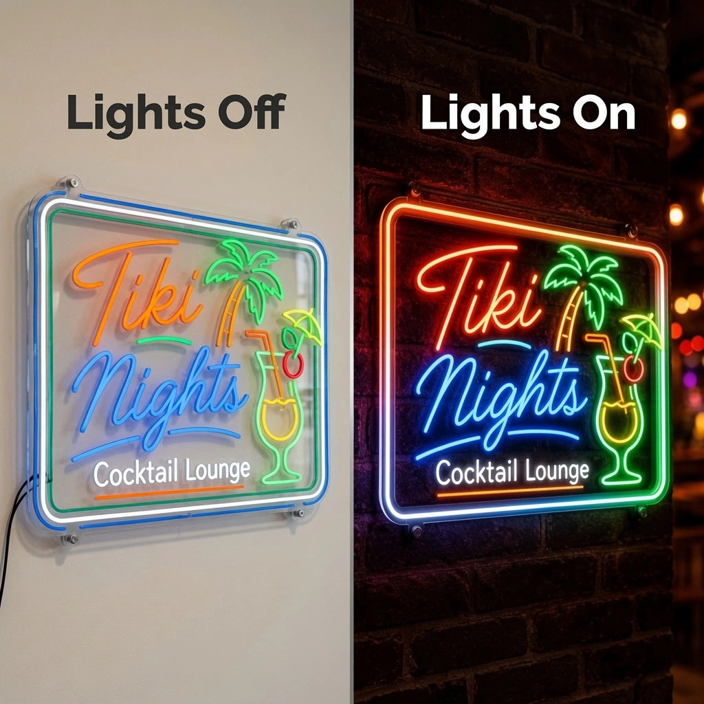 Tiki Nights Cocktail Lounge LED Neon Sign - 06 Day Night Comparison