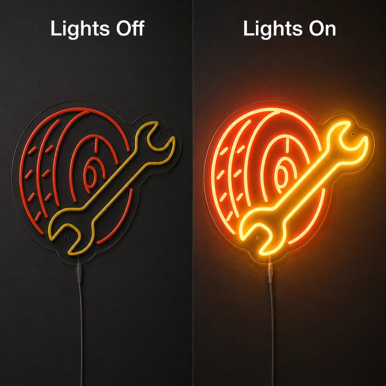 Tire Wrench Neon Sign LED Neon Sign day and night comparison