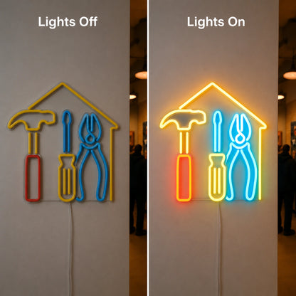 Tool House Workshop Neon Sign LED Neon Sign day and night comparison