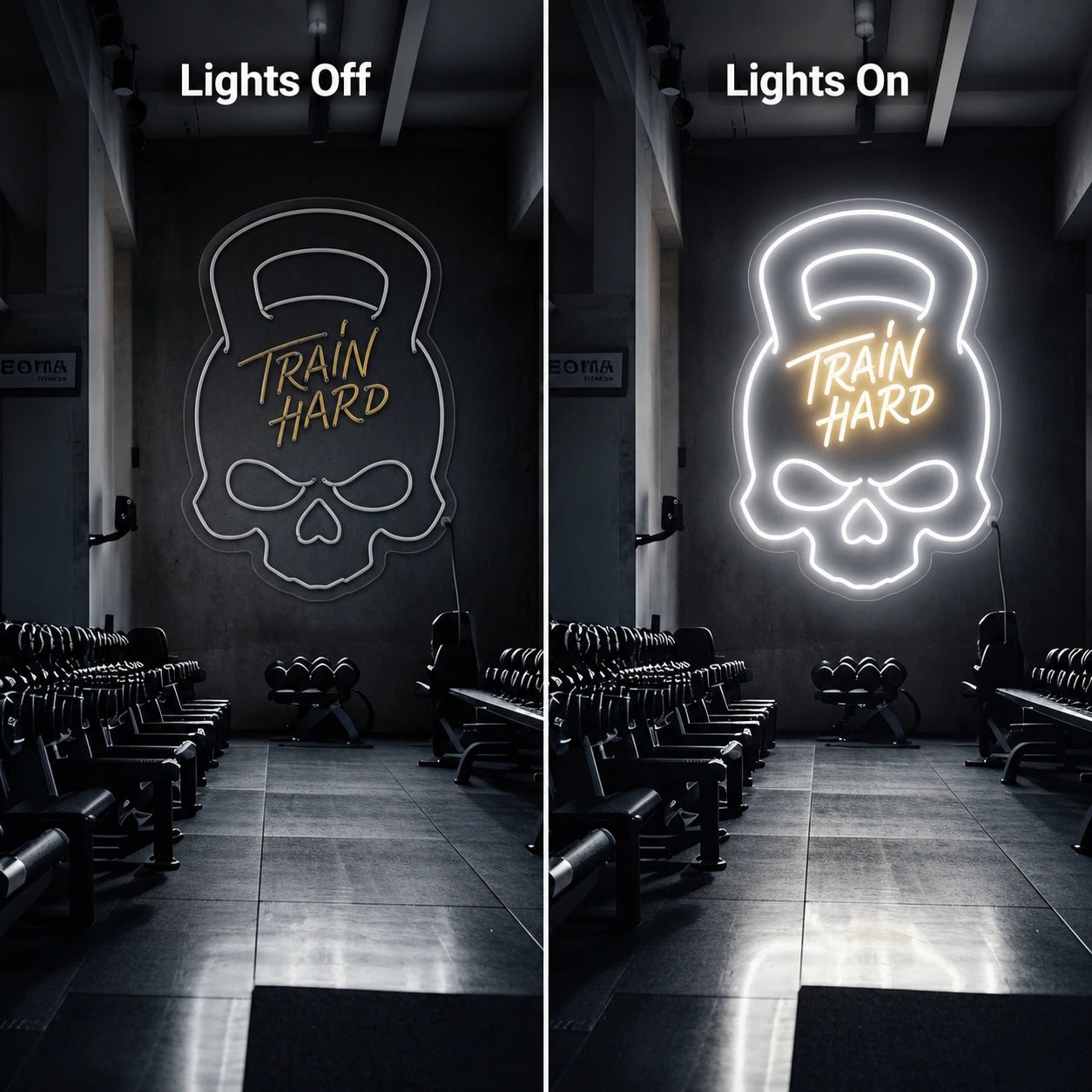 Train Hard Gym Neon Sign LED Neon Sign day and night comparison