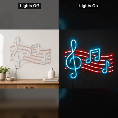 Treble Clef And Music Notes LED Neon Sign day and night comparison