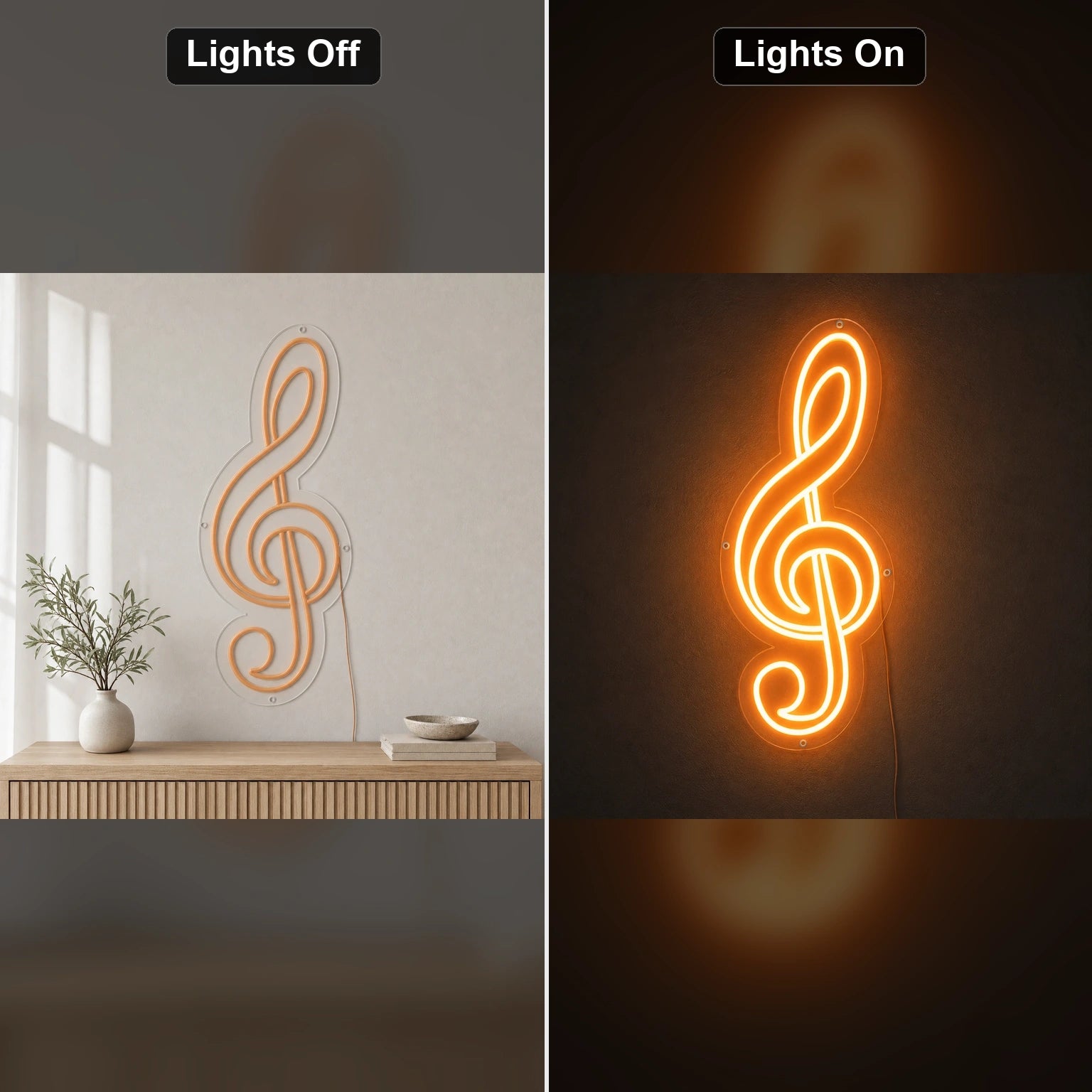 Treble Clef LED Neon Sign Garage Man Cave Neon Sign day and night comparison