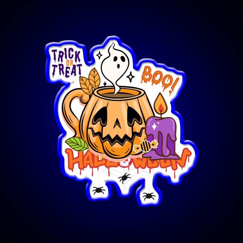 Trick Or Treat Pumpkin Coffee Mug Cafe Led Neon Sign Espresso Bar Art Rgb Color