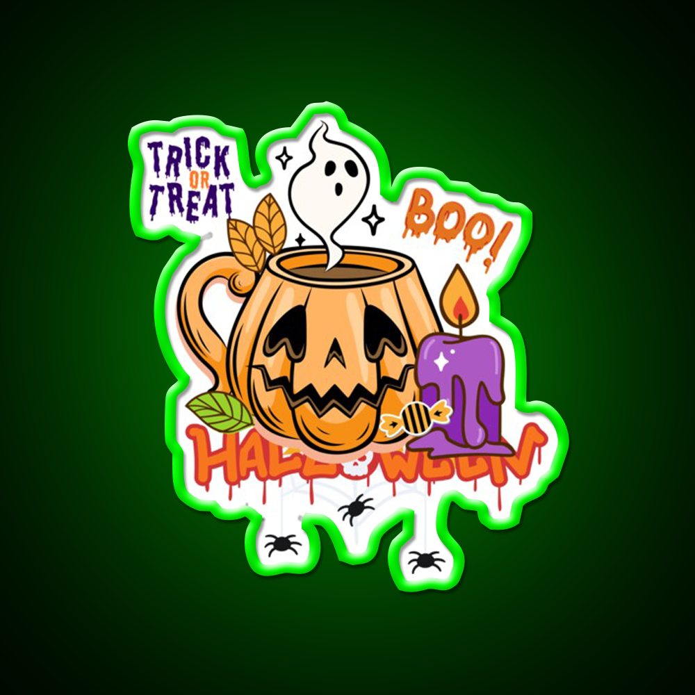 Trick Or Treat Pumpkin Coffee Mug Cafe Led Neon Sign Espresso Bar Art Rgb Color