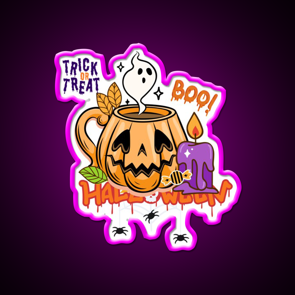 Trick Or Treat Pumpkin Coffee Mug Cafe Led Neon Sign Espresso Bar Art Rgb Color