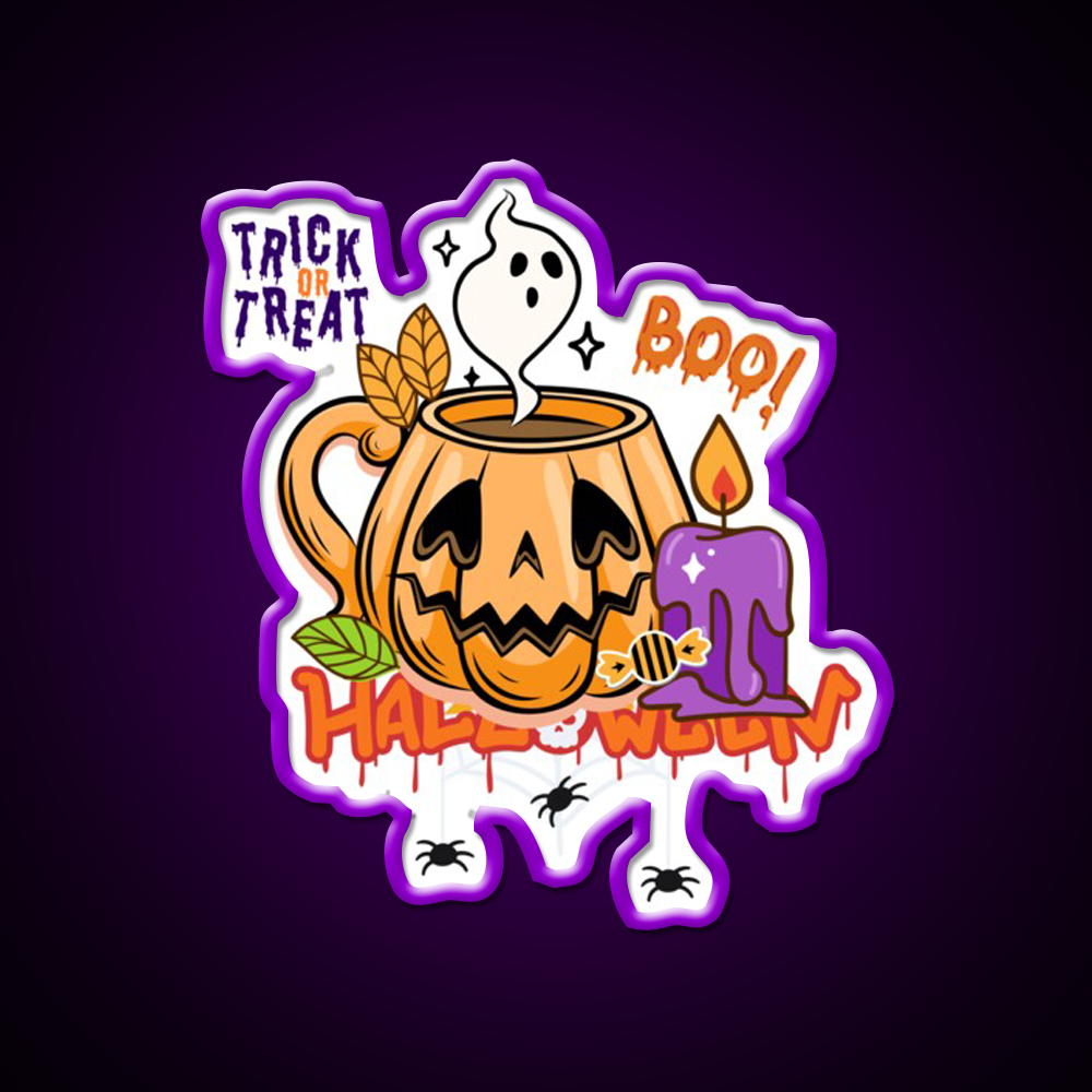 Trick Or Treat Pumpkin Coffee Mug Cafe Led Neon Sign Espresso Bar Art Rgb Color