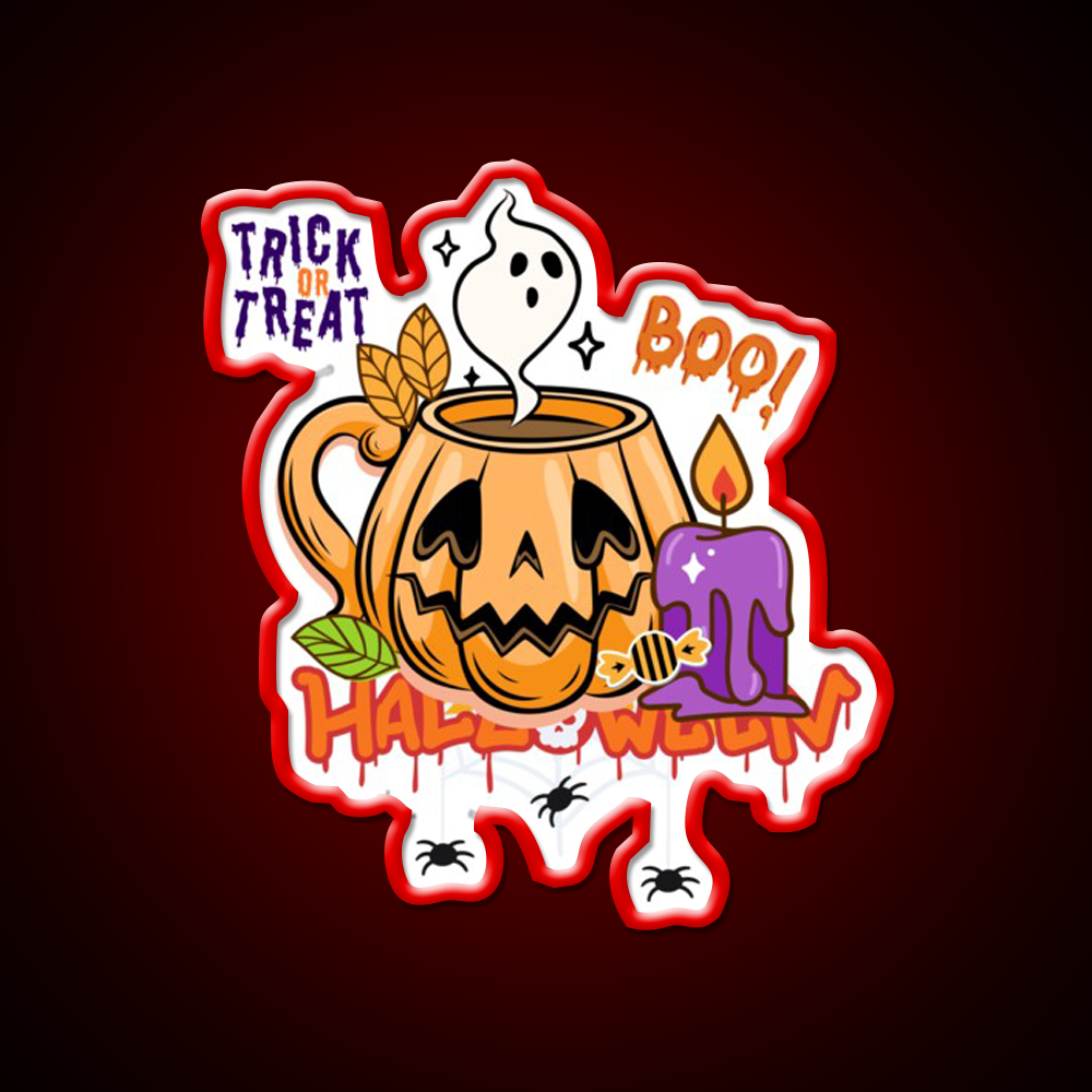 Trick Or Treat Pumpkin Coffee Mug Cafe Led Neon Sign Espresso Bar Art Rgb Color