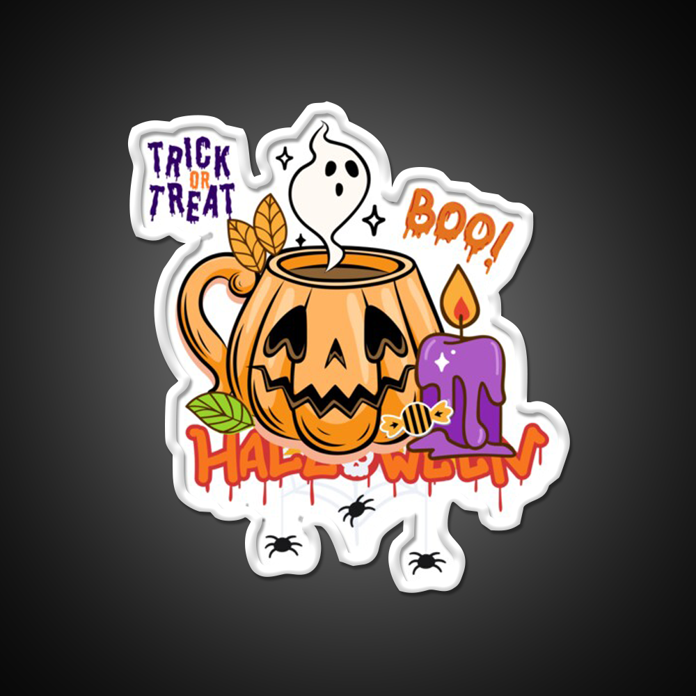 Trick Or Treat Pumpkin Coffee Mug Cafe Led Neon Sign Espresso Bar Art Rgb Color