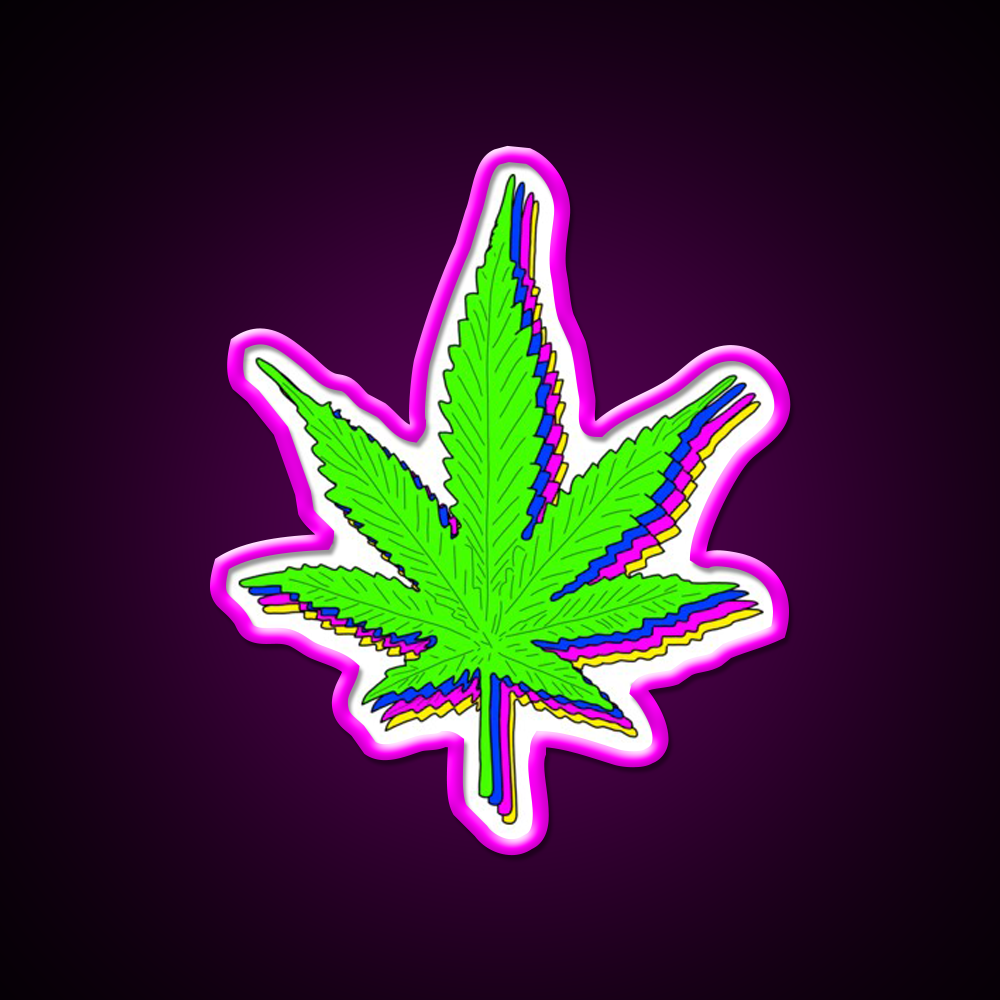 Trippy Weed Leaf Hemp Inspired Green Leaf Led Neon Sign Rgb Color - Neon sign mounted on wall in room