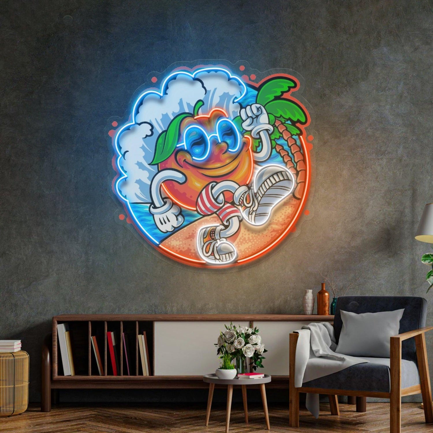 Tropical Orange Cartoon Surfing Fruit Uv Printed Led Neon Sign For Beach Home Decor | Shineneon
