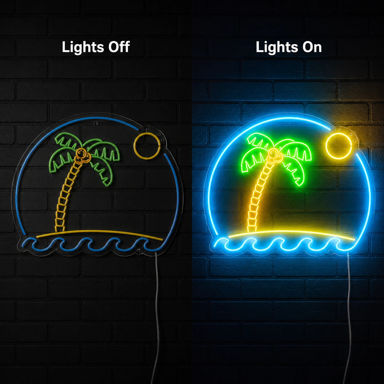 Tropical Palm Beach Neon Sign LED Neon Sign day and night comparison