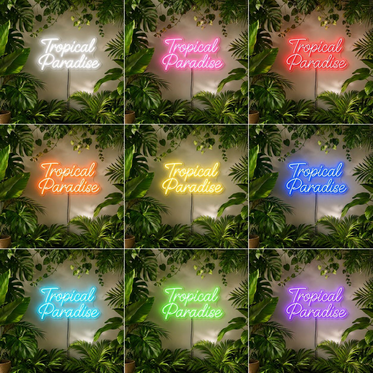 Tropical Paradise LED Neon Sign Wall Art Tropical Neon Wall Sign Jungle Leaves color grid