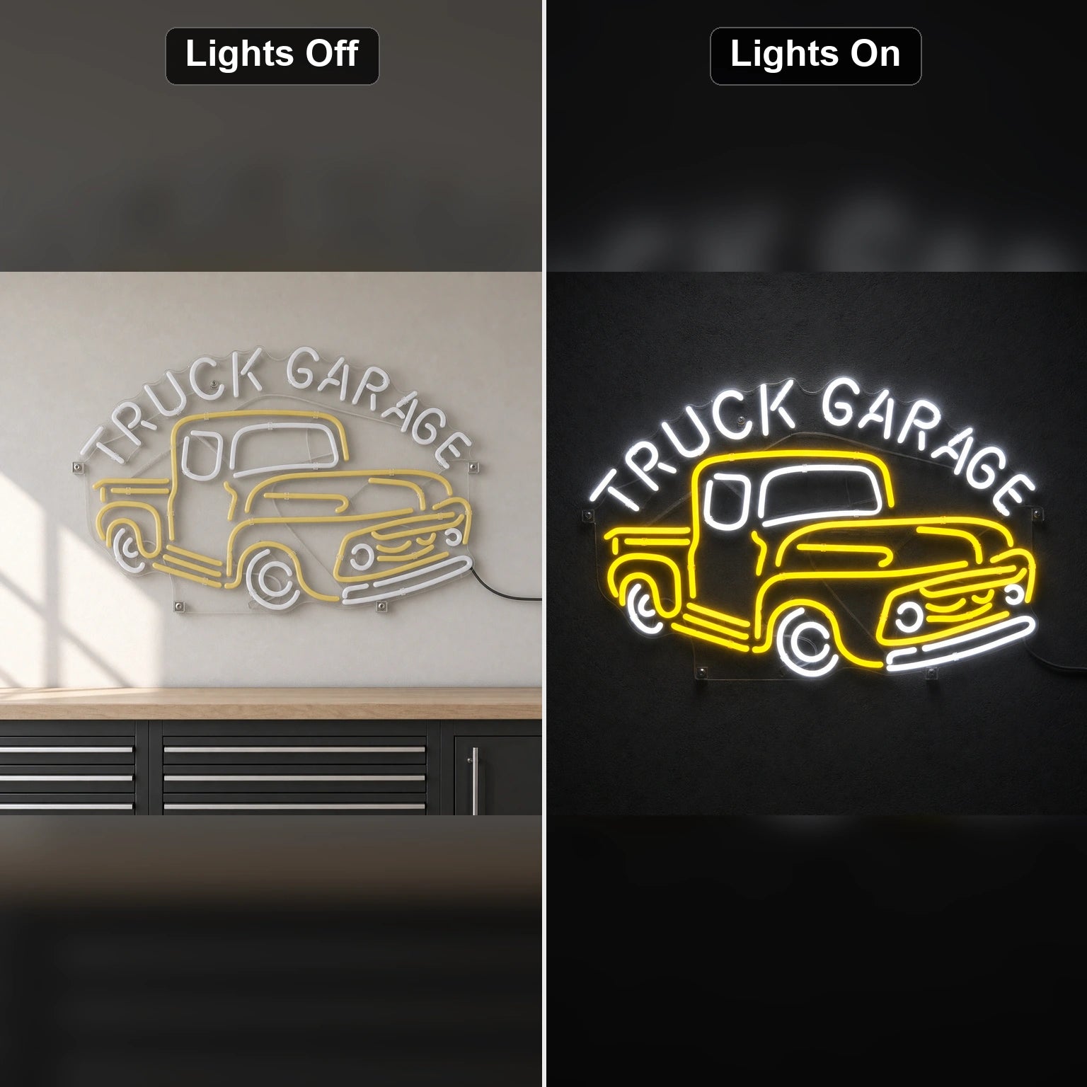 Truck Garage Pickup LED Neon Sign day and night comparison