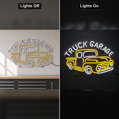 Truck Garage Pickup LED Neon Sign day and night comparison
