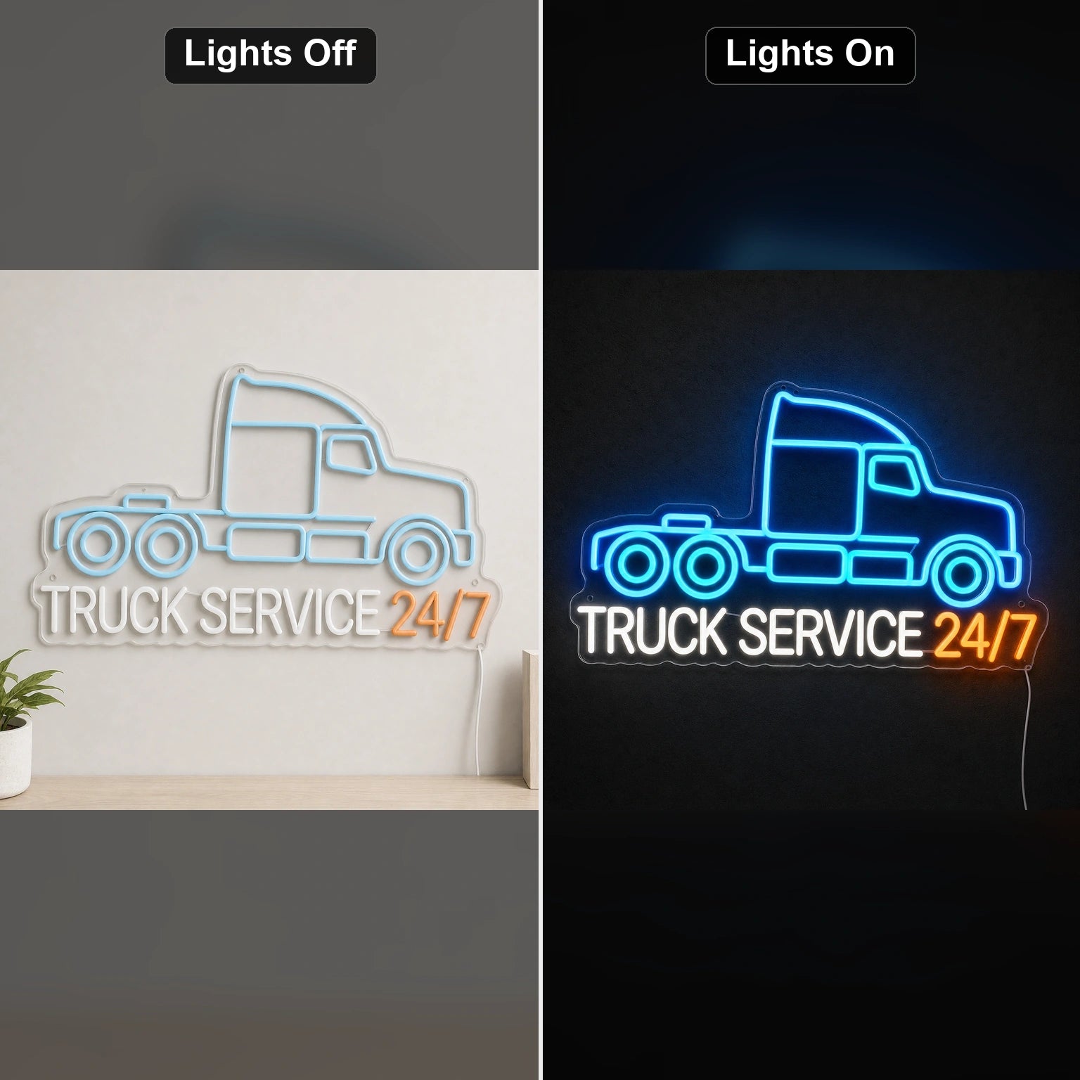 Truck Service 24 7 LED Neon Sign day and night comparison