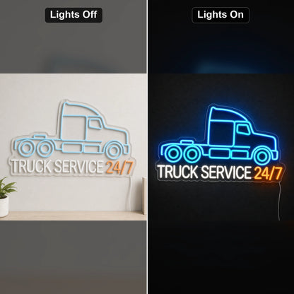 Truck Service 24 7 LED Neon Sign day and night comparison