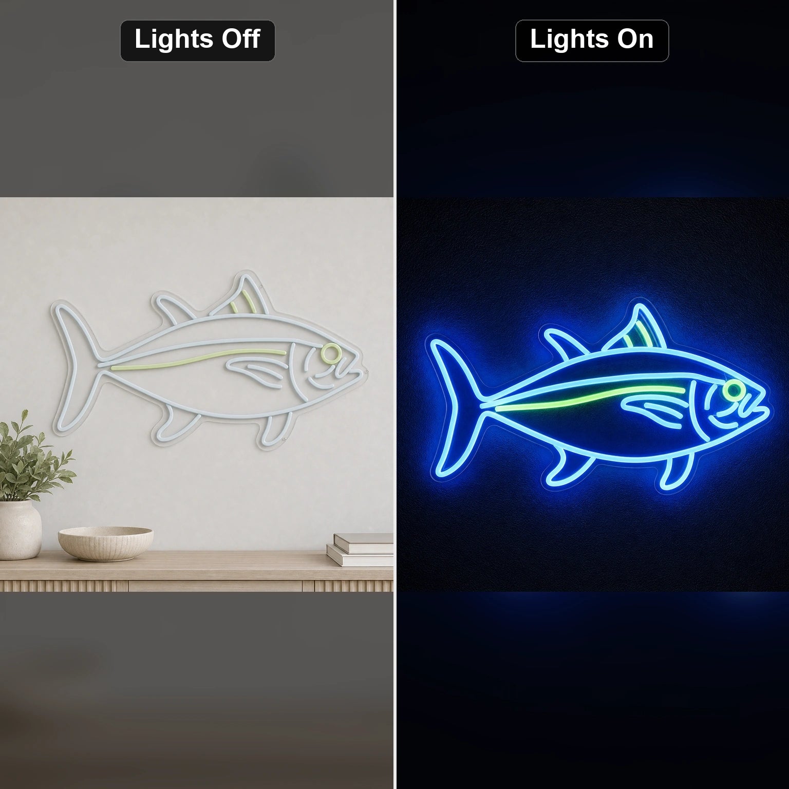 Tuna Fish LED Neon Sign day and night comparison