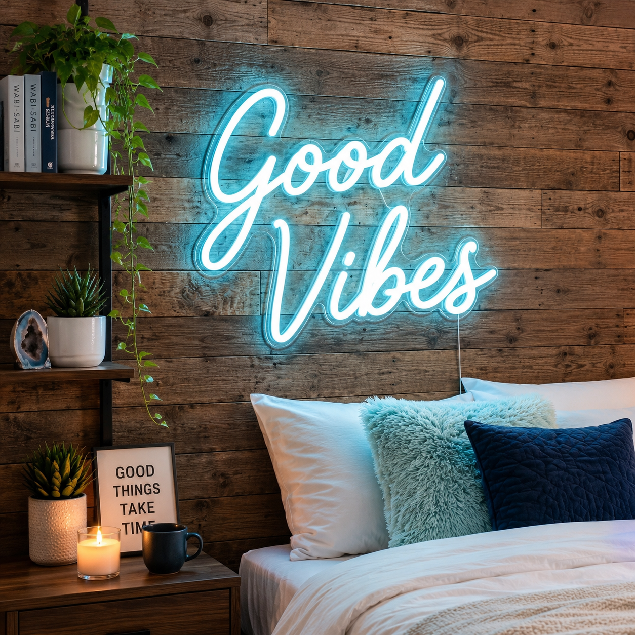 Turquoise Good Vibes Script Bedroom LED Neon Sign main product image