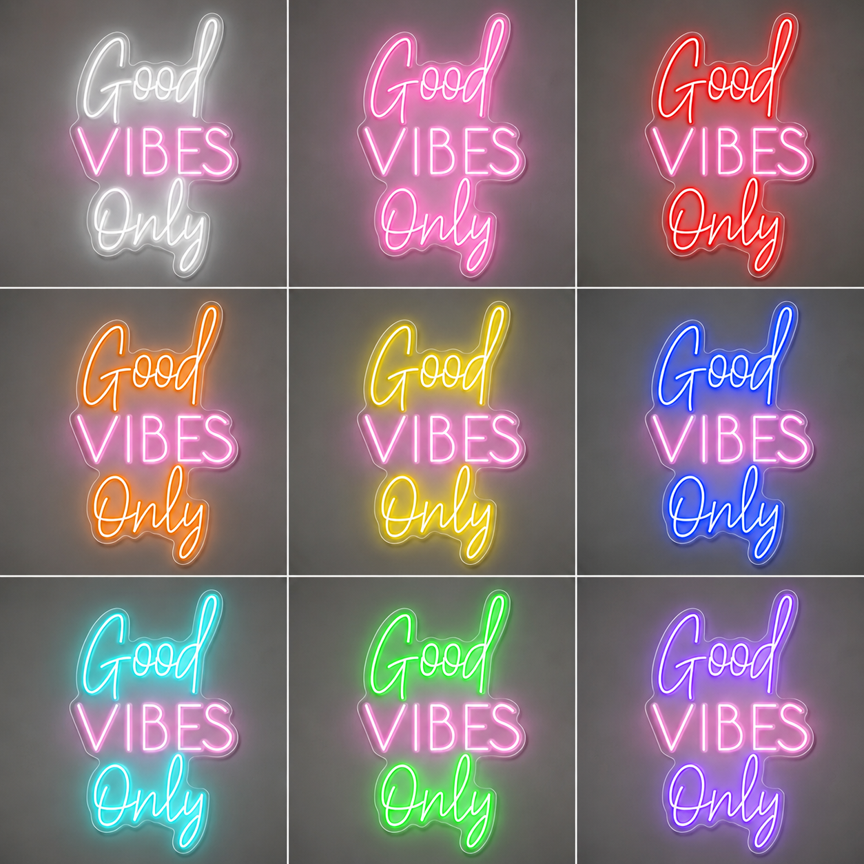 Turquoise Good Vibes Script Bedroom Only LED Neon Sign color grid