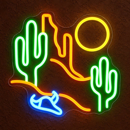 Two Cactus Desert Bull Skull Sun LED Neon Sign - Shineneon