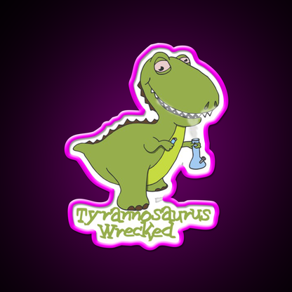 Tyrannosaurus Wrecked Hemp Inspired Green Leaf Led Neon Sign Rgb Color - Neon sign mounted on wall in room