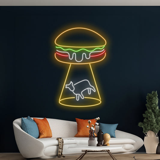 Ufo Abduction Burger Led Sign Ufo Burger Cow Led Sign