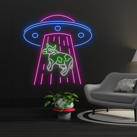 Ufo Abduction Dairy Cow Led Sign Room Decor