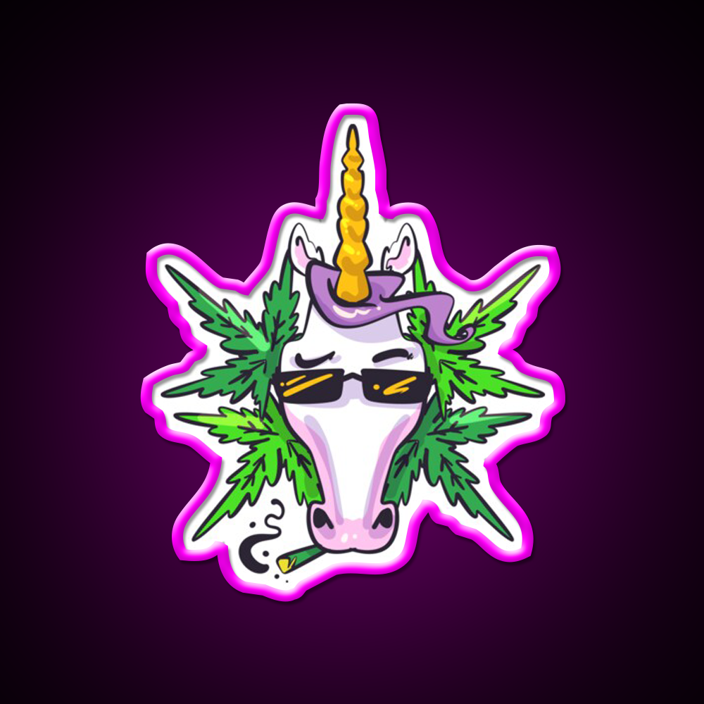Unicorn Weed Gift Hemp Inspired Green Leaf Led Neon Sign 420 Neon Decor Rgb Color - Neon sign mounted on wall in room