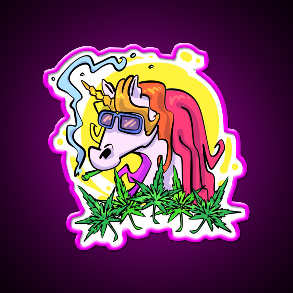 Unicorn Weed Gift Hemp Inspired Green Leaf Led Neon Sign Rgb Color - Neon sign mounted on wall in room