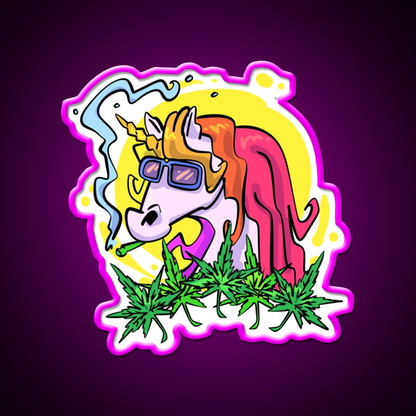 Unicorn Weed Gift Hemp Inspired Green Leaf Led Neon Sign Rgb Color - Neon sign mounted on wall in room