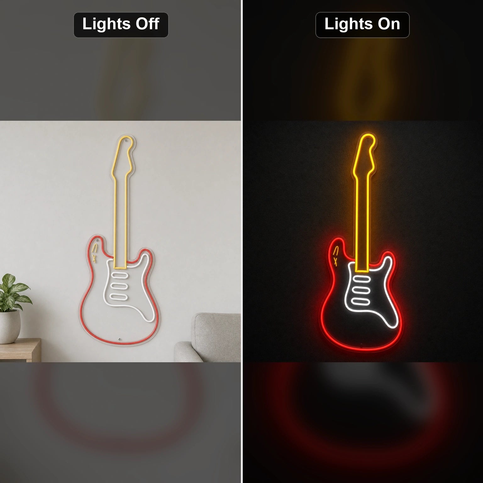 Upright Electric Guitar LED Neon Sign day and night comparison