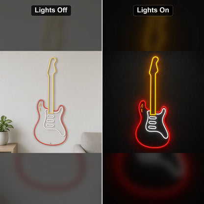 Upright Electric Guitar LED Neon Sign day and night comparison