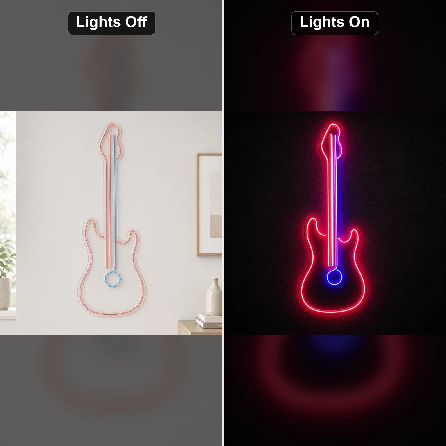 Upright Guitar With Round Sound Hole LED Neon Sign day and night comparison