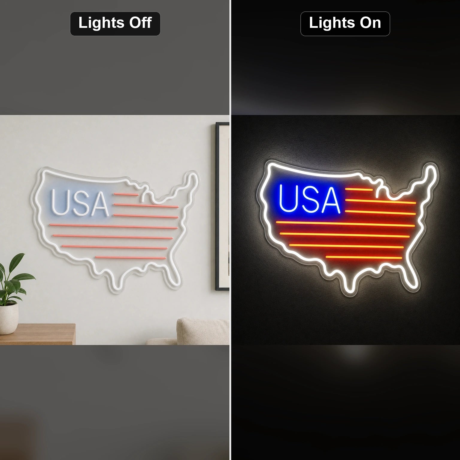 USA Flag Map LED Neon Sign day and night comparison