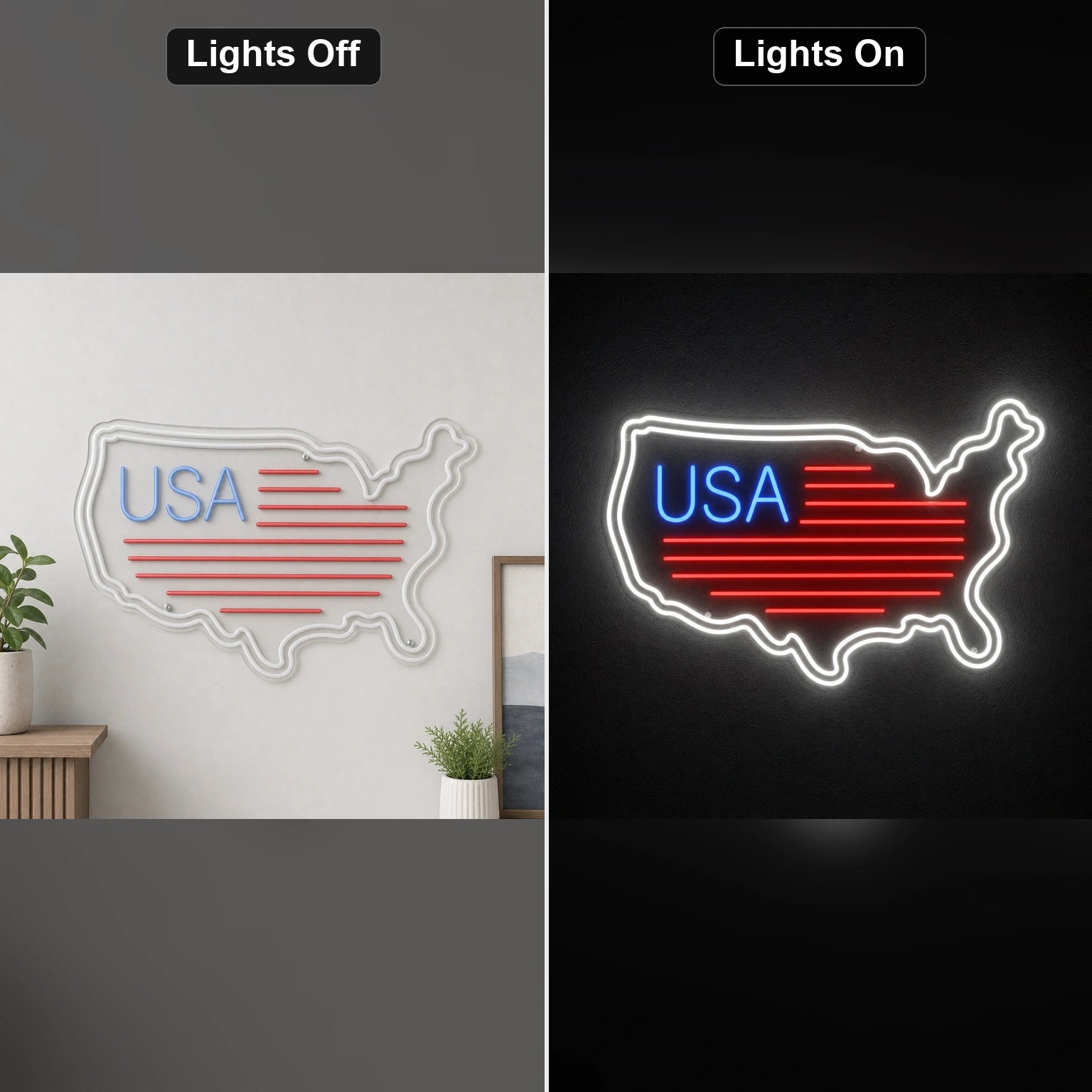 USA Map Flag LED Neon Sign Garage Man Cave Neon Sign day and night comparison
