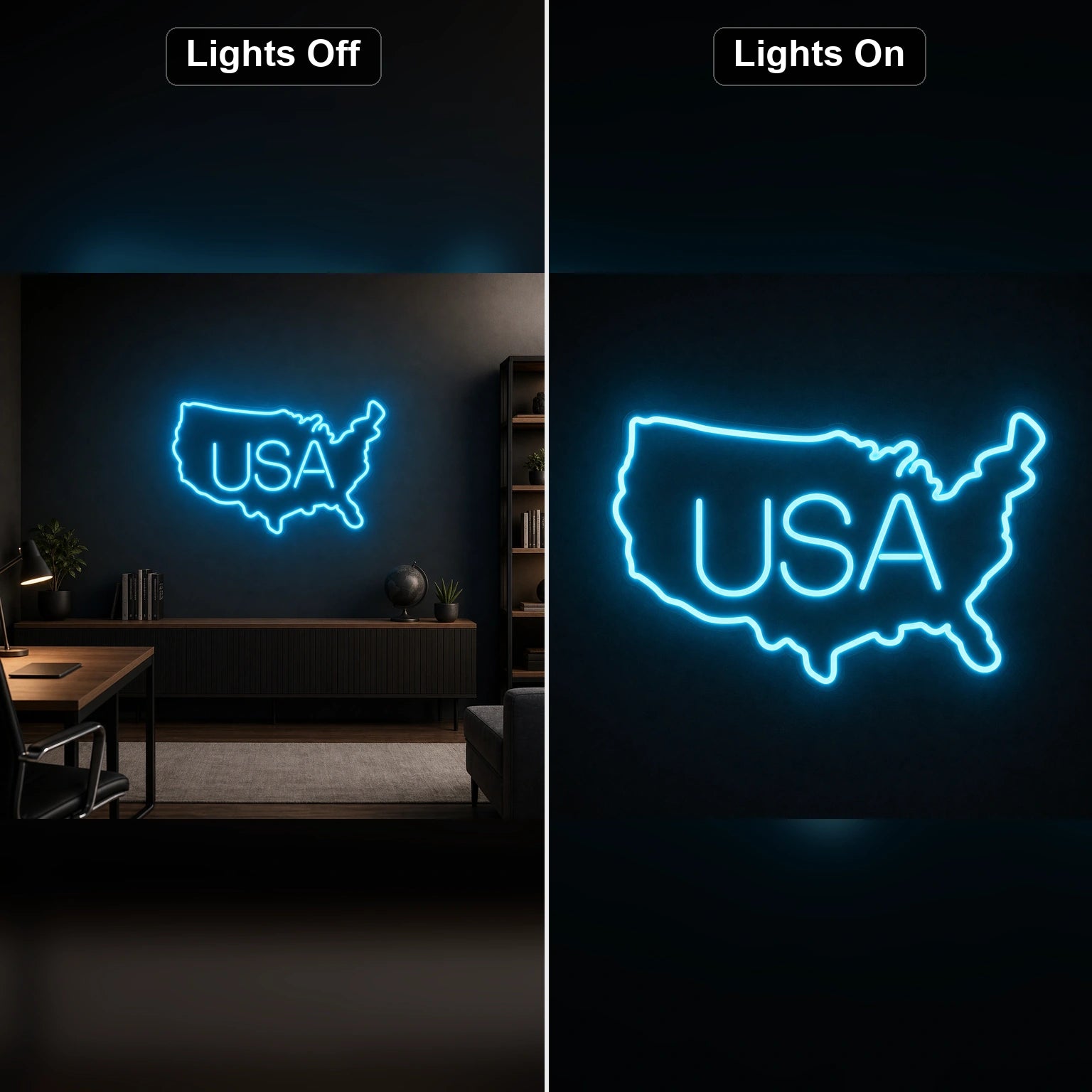 USA Map LED Neon Sign Garage Man Cave Neon Sign day and night comparison