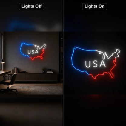 USA Text Inside Map Outline LED Neon Sign day and night comparison
