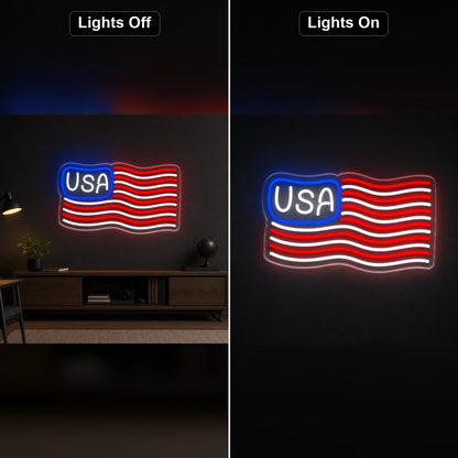 USA Waving Flag LED Neon Sign day and night comparison