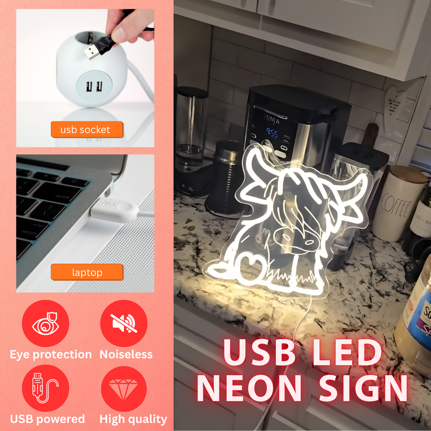 Highland Cow USB LED Neon Light Adorable Gift for Bedroom Home Decor Wall Light
