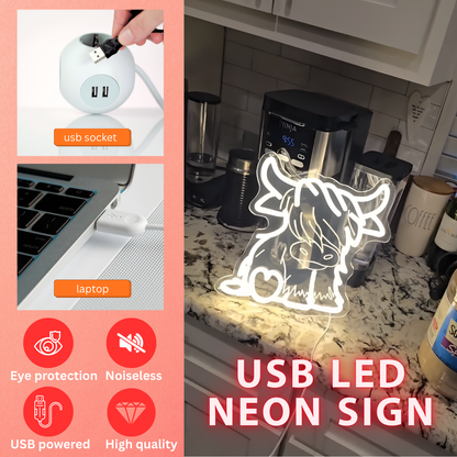 Highland Cow USB LED Neon Light Adorable Gift for Bedroom Home Decor Wall Light