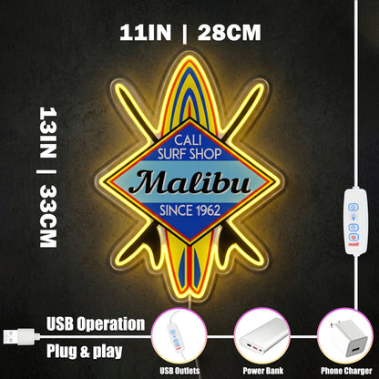 ShineNeon™ Malibu Cali Surf Shop LED Neon Sign - Retro Beach Vibe Wall Decor (USB Powered)