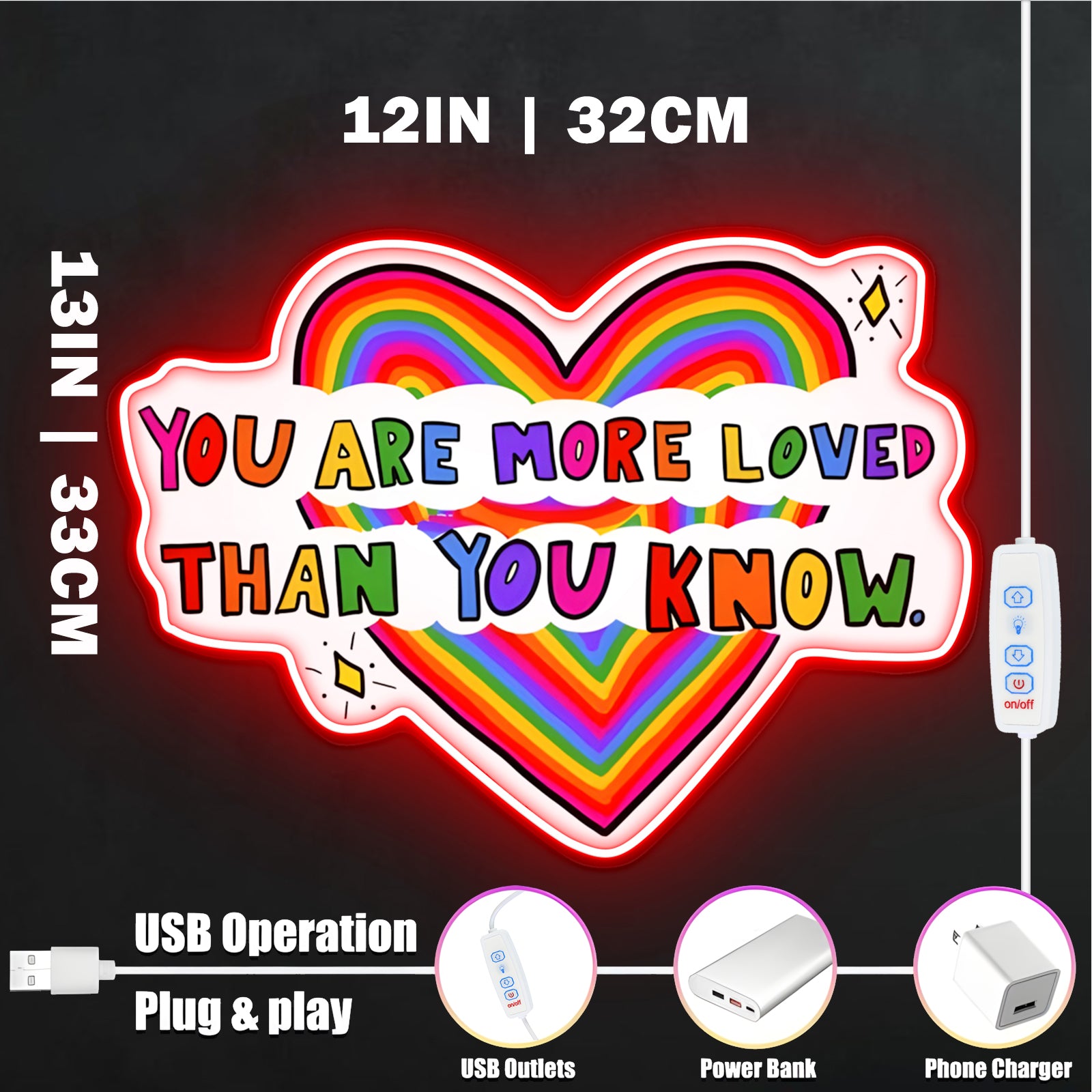 ShineNeon™ You Are More Loved LED Neon Sign - USB Power Rainbow Heart Wall Decor for Home