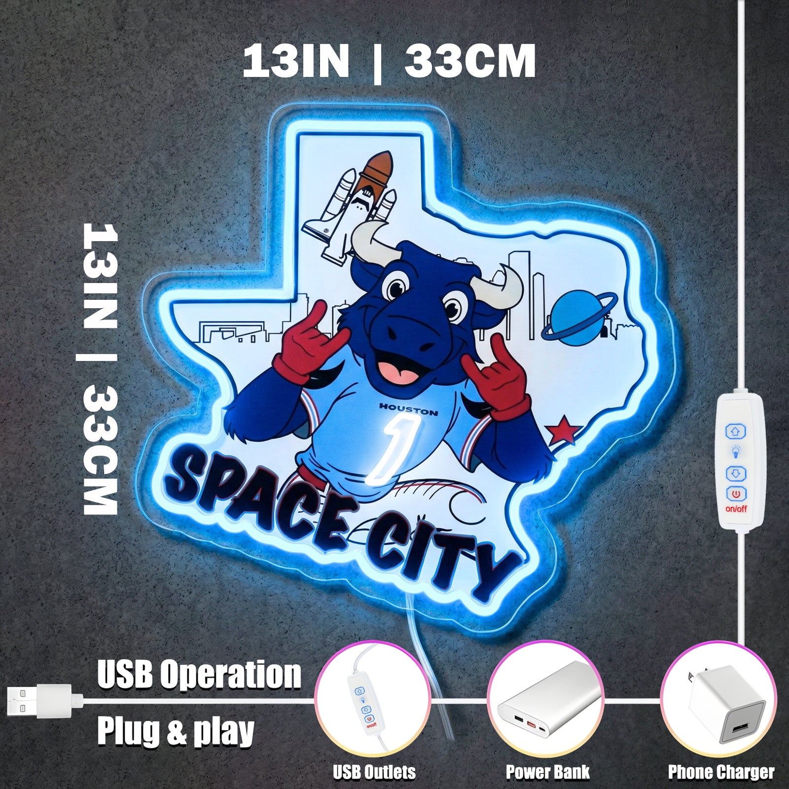 ShineNeon™ Houston Space City Texas Bull LED Neon Sign Multi-Color Sport Cave Vibe USB Power