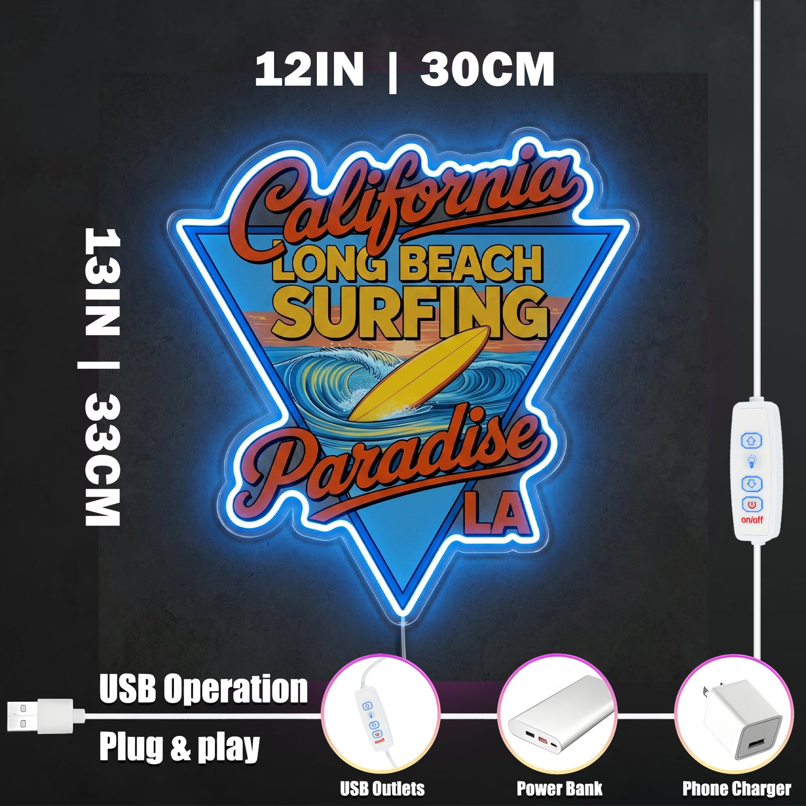 ShineNeon™ California Long Beach Surfing Paradise LED Neon Sign - LA Retro Wall Decor USB Power