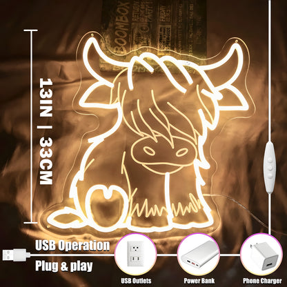 Highland Cow USB LED Neon Light Adorable Gift for Bedroom Home Decor Wall Light