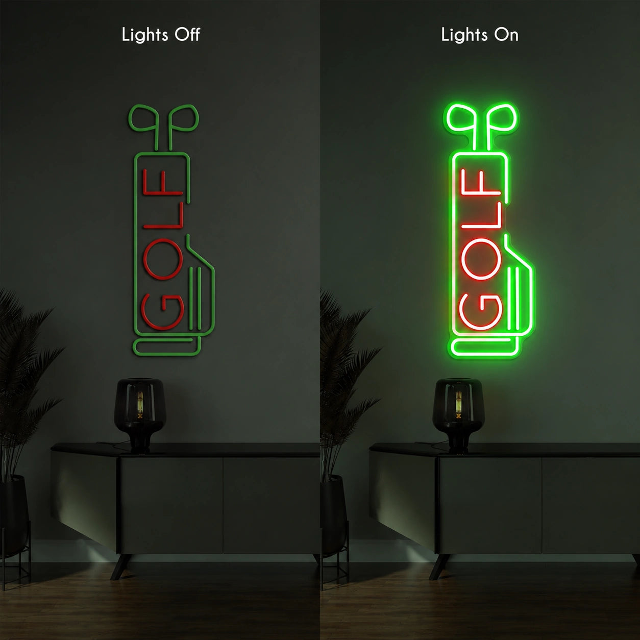 Vertical Golf Neon Sign LED Neon Sign day and night comparison