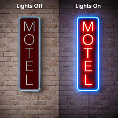 Vertical Motel Wall Neon Sign LED Neon Sign day and night comparison